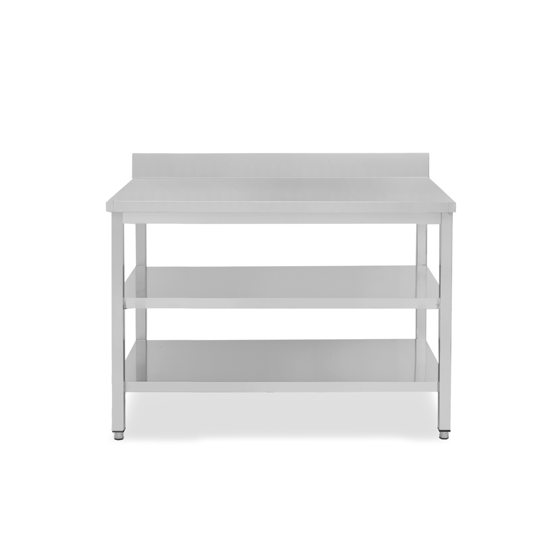 Mesa de trabajo de acero inoxidable con 2 estantes y peto, L 1300 mm x P 800 mm x A 965 mm