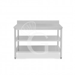 Mesa de acero inoxidable con 2 estantes y peto L 1500 mm x P 700 mm x A 965 mm
