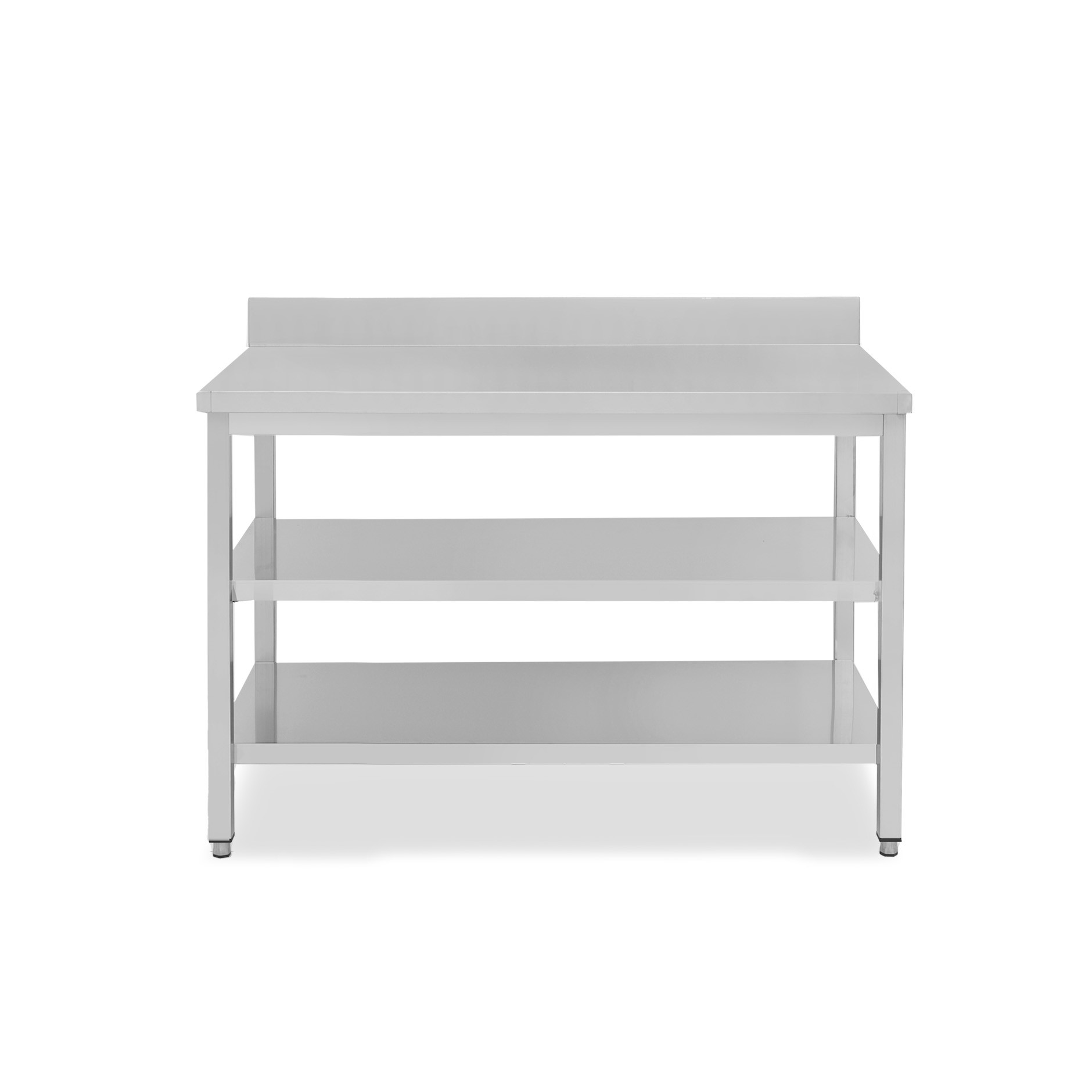 Mesa de acero inoxidable con 2 estantes y peto L 1400 mm x P 800 mm x A 950 mm