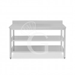 Mesa de acero inoxidable con 2 estantes y peto L 1800 mm x P 600 mm x A 965 mm