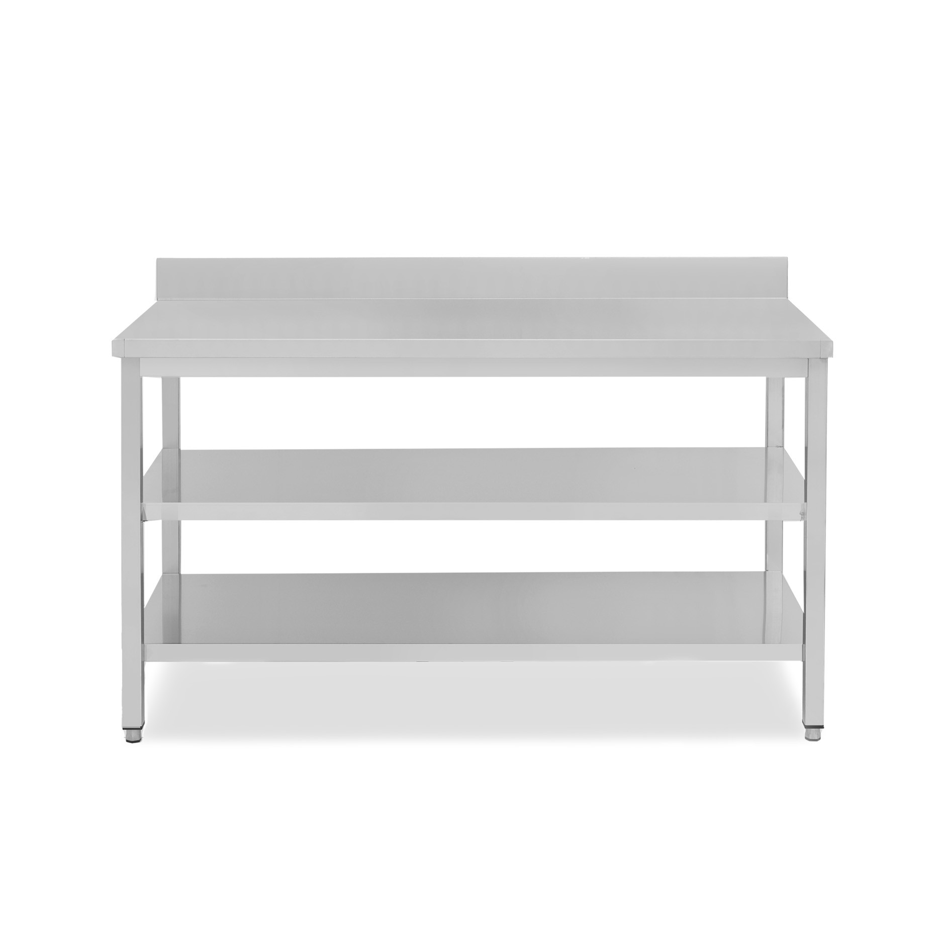 Mesa de acero inoxidable con 2 estantes y peto L 1800 mm x P 800 mm x A 950 mm