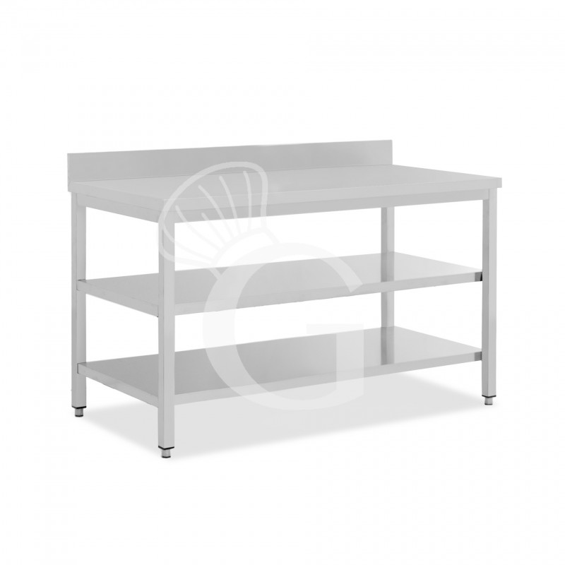 Mesa de acero inoxidable con 2 estantes y peto L 1800 mm x P 800 mm x A 950 mm