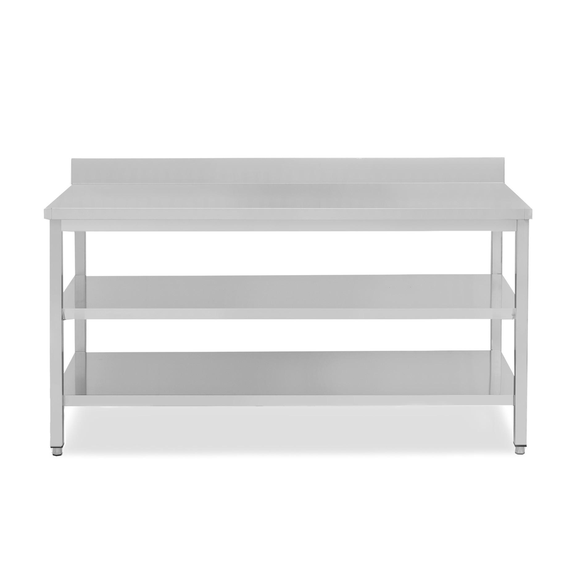 Mesa de acero inoxidable con 2 estantes y peto L 2000 mm x P 600 mm x A 950 mm