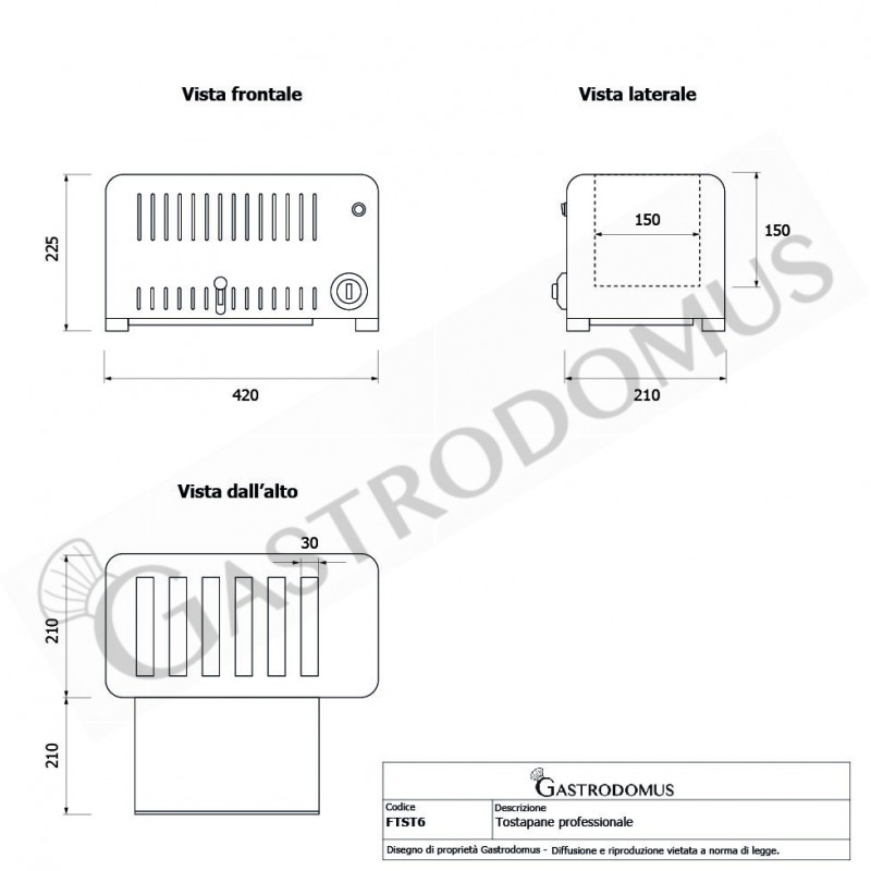 Tostadora profesional monofásica L 420 mm x P 210 mm x A 225 mm, capacidad 6 rebanadas, bandeja recogemigas
