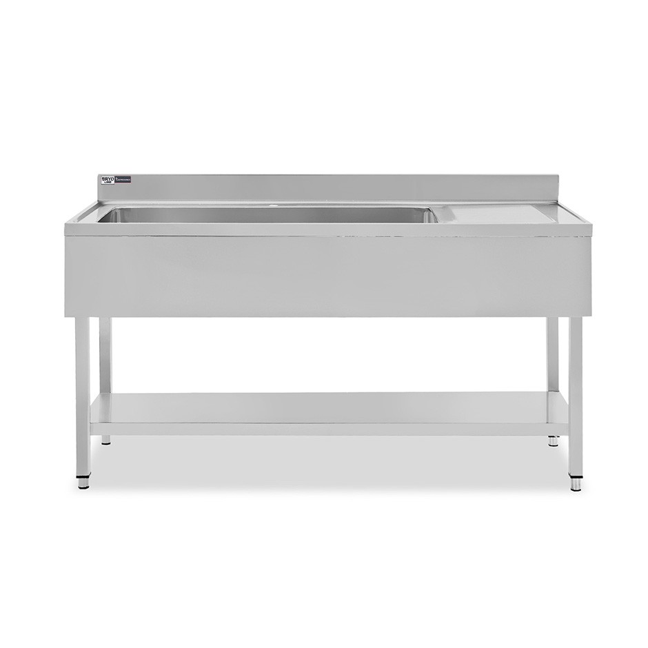 Fregadero inox 1 cubeta y escurridor a la derecha, estante y peto L1500mmxP600mmxA965mm - con agujero para el grifo Ø 32 mm