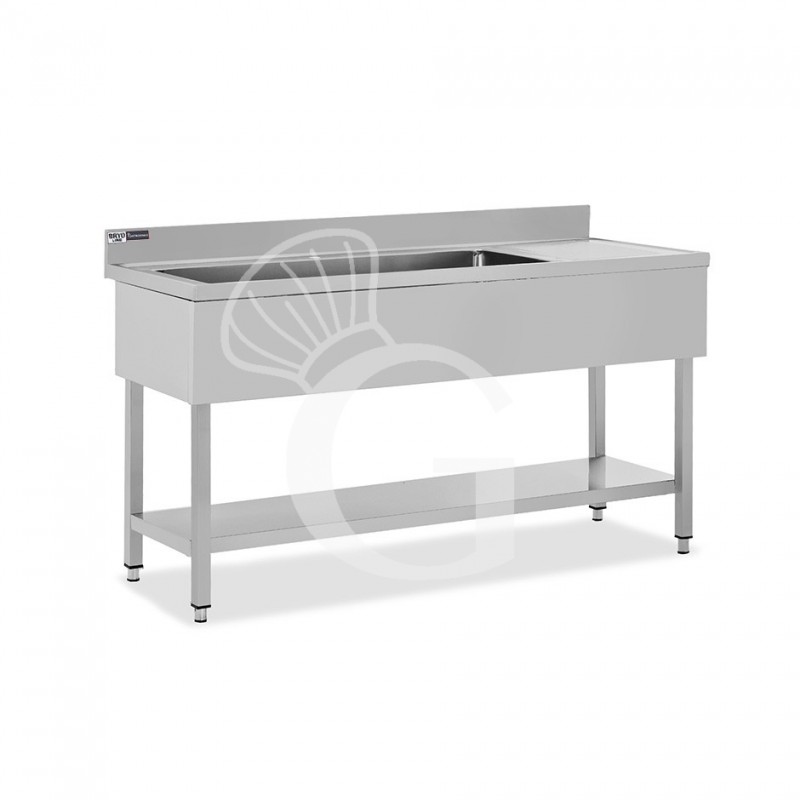 Fregadero inox 1 cuba, escurridor a la derecha, 1 estante, peto, L1600mmxP600mmxA965mm-agujero para el grifo Ø 32 mm