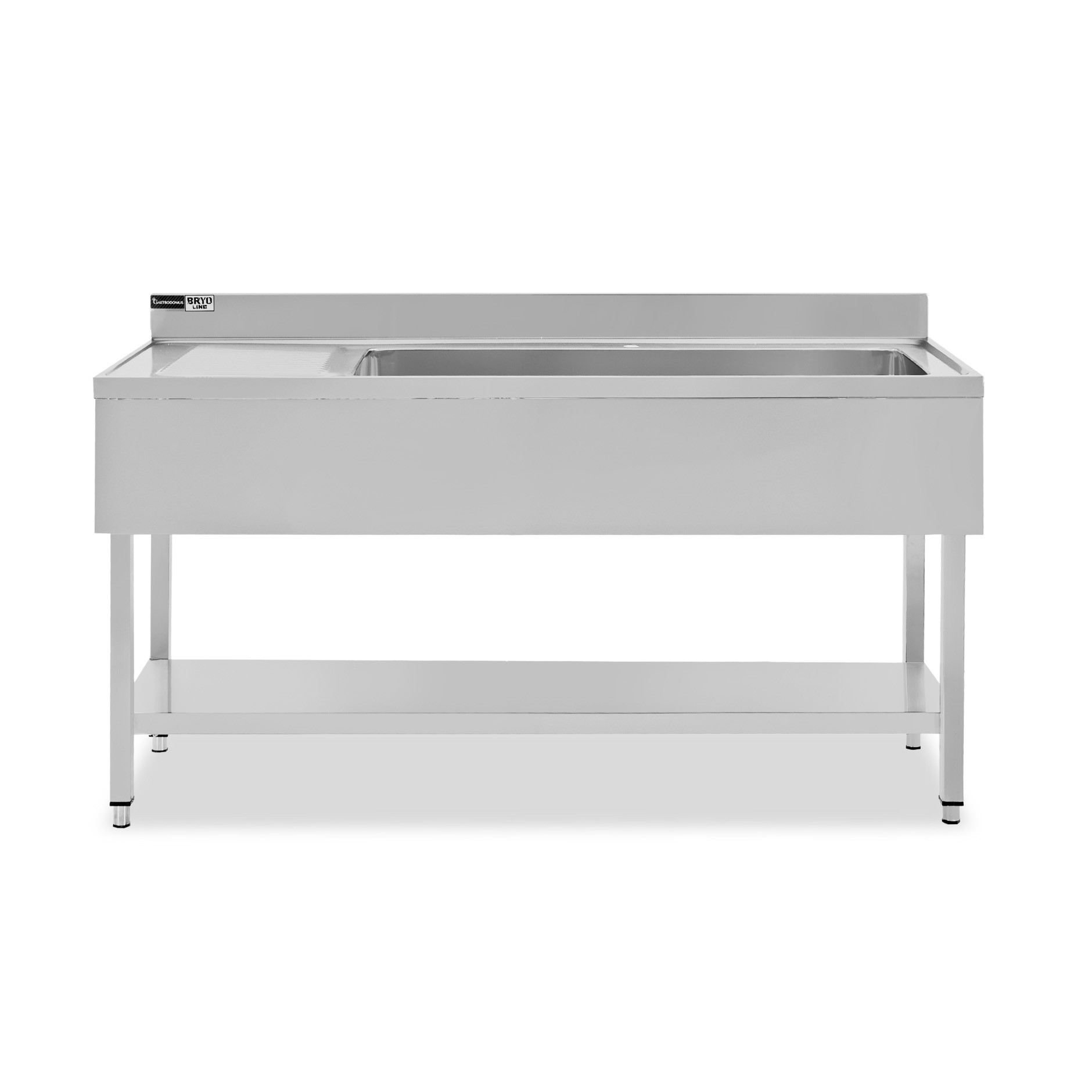 Fregadero inox 1 cubeta y escurridor a la izquierda, estante y peto L1500mmxP600mmxA965mm-agujero para el grifo Ø 32 mm