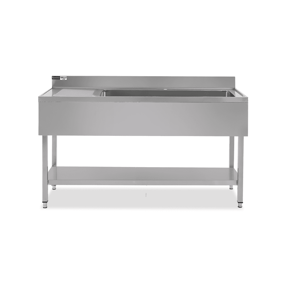 Fregadero inox 1 cuba, escurridor a la izquierda, 1 estante, peto, L1600mmxP700mmxA965mm-agujero para el grifo Ø 32 mm