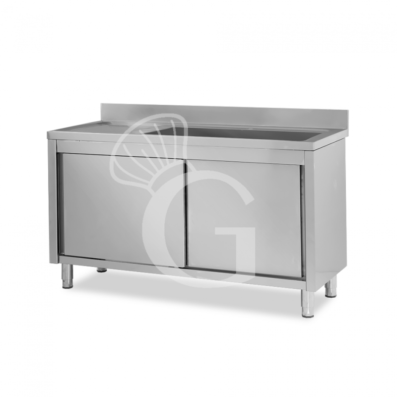 Fregadero con mueble 2 puertas correderas, cubeta, escurridor a la izquierda y peto L1500mmxP600mmxA965mm agujero grifo Ø 32mm