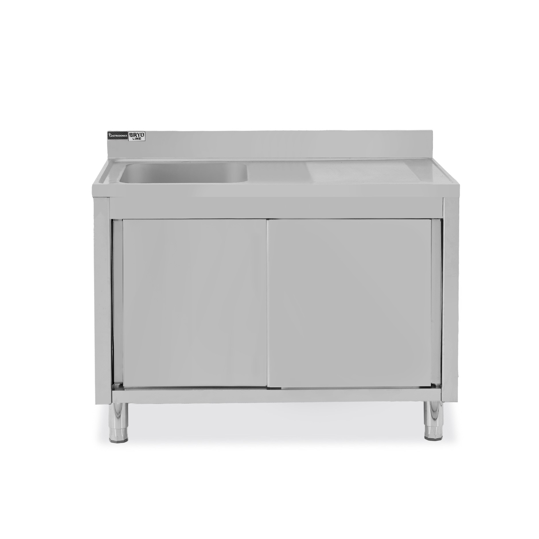 Fregadero con mueble 2 puertas correderas, cubeta, escurridor a la derecha y peto L1000mmxP600mmxA965mm con agujero grifo Ø 32mm