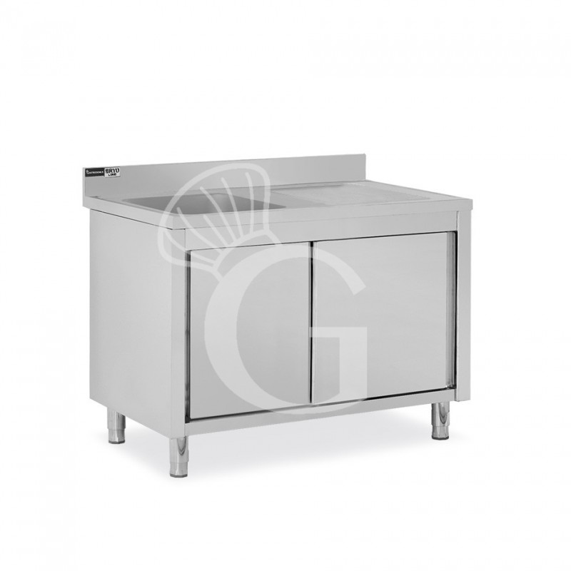 Fregadero con mueble 2 puertas correderas, cubeta, escurridor a la derecha y peto L1000mmxP600mmxA965mm con agujero grifo Ø 32mm
