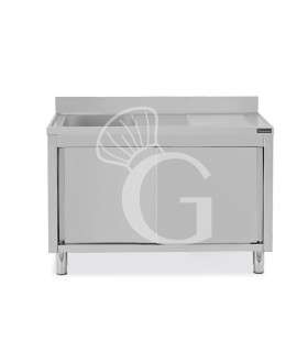 Fregadero con mueble inox con 2 puertas correderas, 1 cubeta, escurridor a la derecha y peto L 1600 mm x P 700 mm x A 950 mm