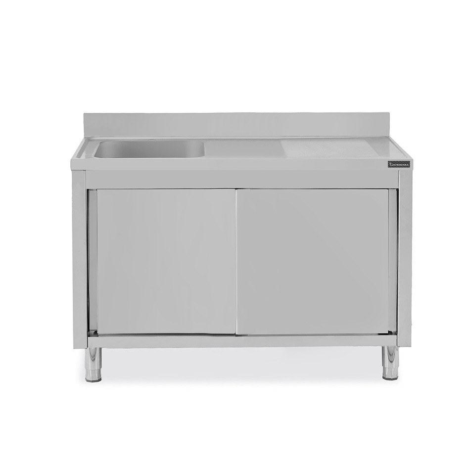 Fregadero con mueble inox con 2 puertas correderas, 1 cubeta, escurridor a la derecha y peto L 1600 mm x P 700 mm x A 950 mm