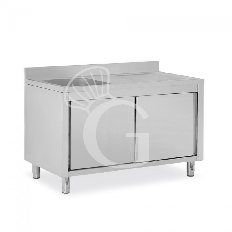 Fregadero con mueble inox con 2 puertas correderas, 1 cubeta, escurridor a la derecha y peto L1600mmxP600mmxA950mm