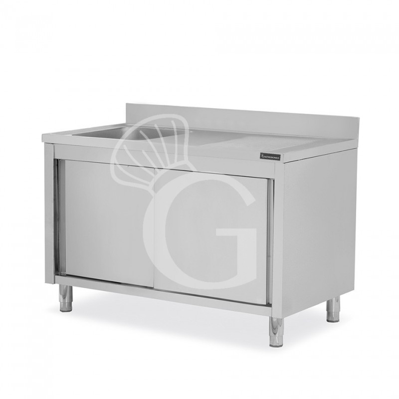 Fregadero con mueble inox con 2 puertas correderas, 1 cubeta, escurridor a la derecha y peto L1600mmxP600mmxA950mm