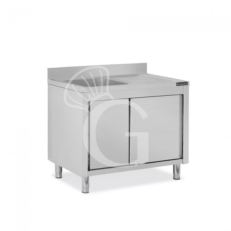 Fregadero con mueble inox 2 puertas correderas,1 cubeta, escurridor a la derecha y peto L1100mmxP600mmxA950mm
