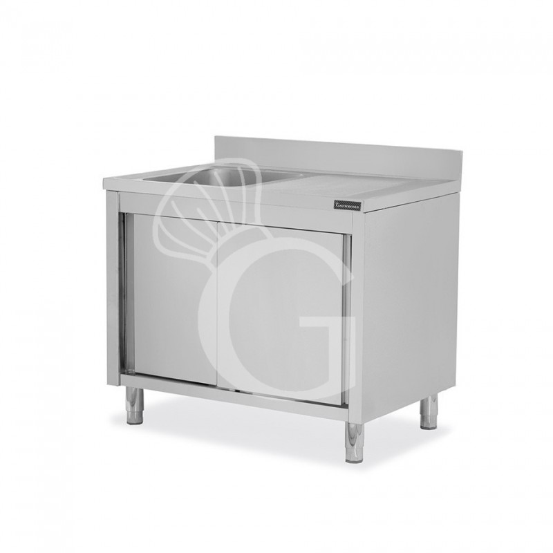 Fregadero con mueble inox 2 puertas correderas,1 cubeta, escurridor a la derecha y peto L1100mmxP600mmxA950mm
