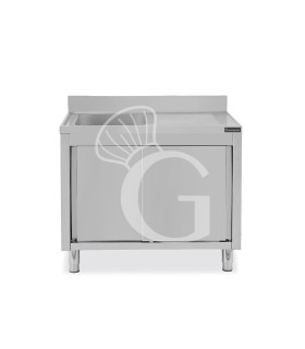Fregadero con mueble inox 2 puertas correderas,1 cubeta, escurridor a la derecha y peto L1100mmxP600mmxA950mm
