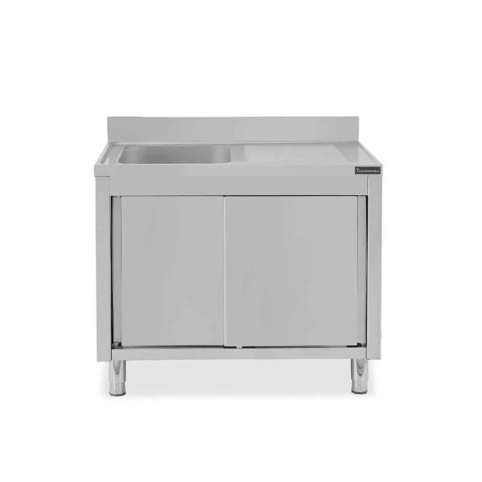 Fregadero con mueble inox con 2 puertas correderas, 1 cubeta, escurridor a la derecha y peto L 1000 mm x P 700 mm x A 950 mm