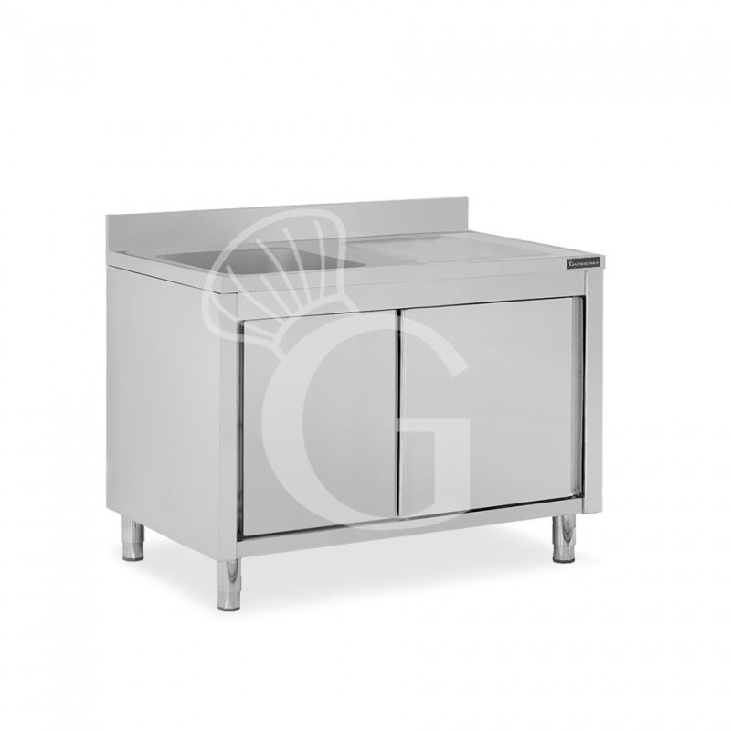 Fregadero con mueble inox 2 puertas correderas, 1 cubeta, escurridor a la derecha y peto L1200mmxP600mmxA950 mm