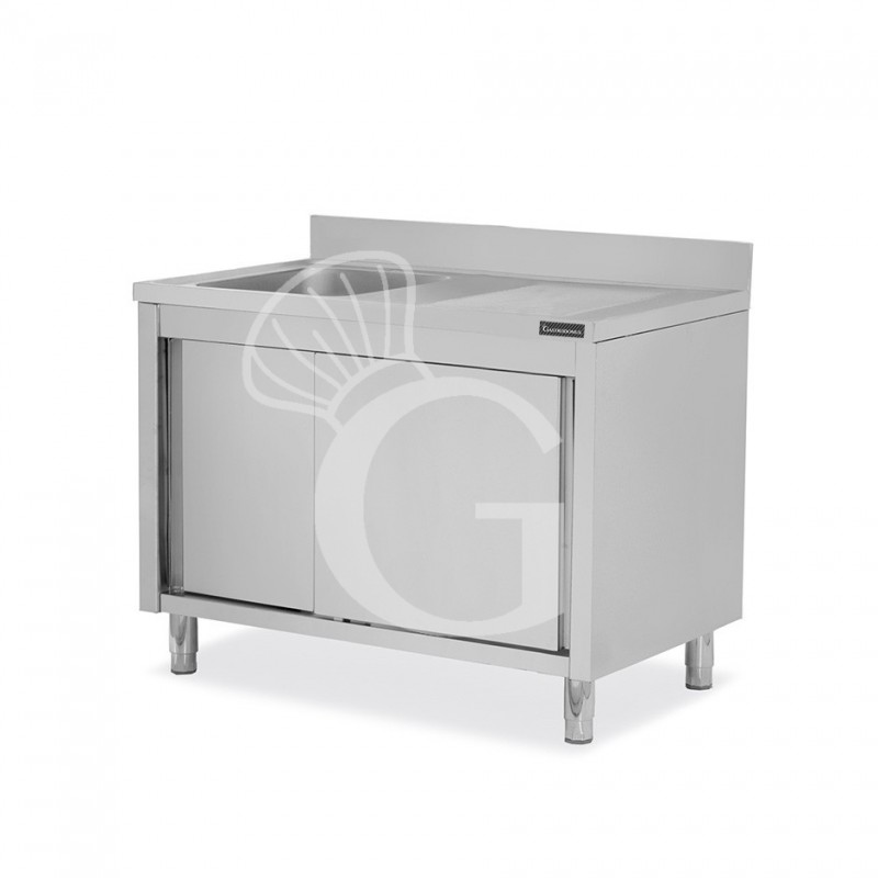Fregadero con mueble inox 2 puertas correderas, 1 cubeta, escurridor a la derecha y peto L1200mmxP600mmxA950 mm