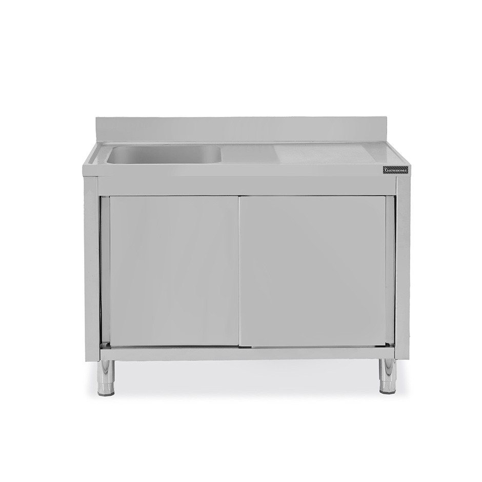 Fregadero con mueble inox 2 puertas correderas, 1 cubeta, escurridor a la derecha y peto L1200mmxP600mmxA950 mm