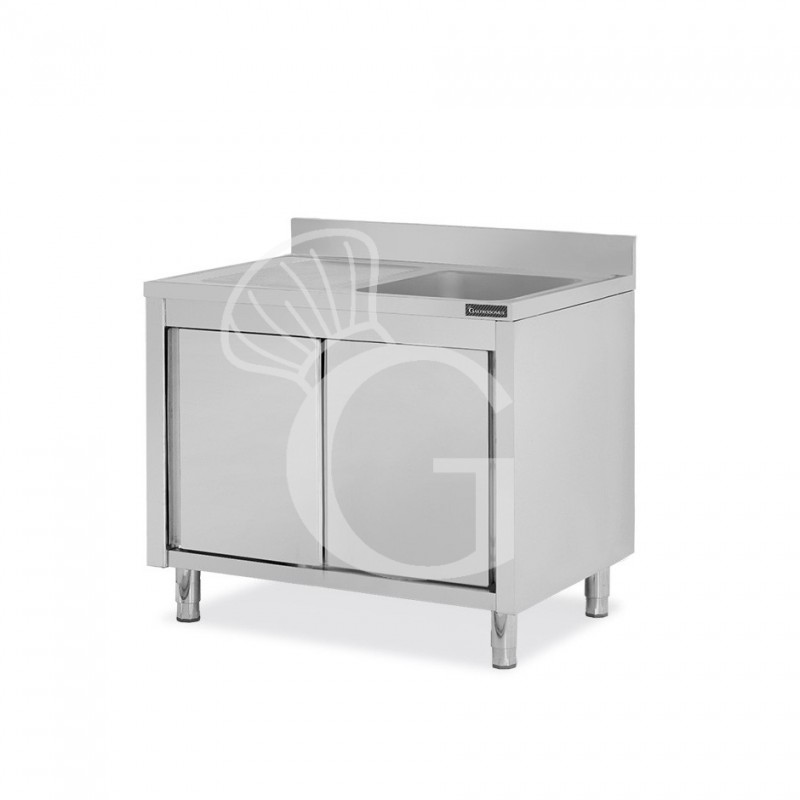 Fregadero con mueble inox 2 puertas correderas, 1 cubeta, escurridor a la izquierda y peto L1000mmxP600mmxA950mm