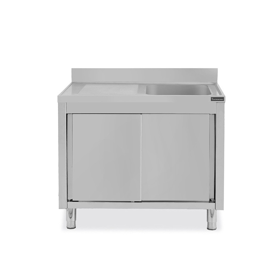 Fregadero con mueble inox 2 puertas correderas, 1 cubeta, escurridor a la izquierda y peto L1000mmxP600mmxA950mm