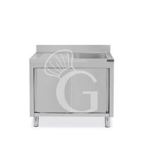 Fregadero con mueble inox con 2 puertas correderas, 1 cubeta, escurridor a la izquierda y peto L1100mmxP600mmxA950 mm
