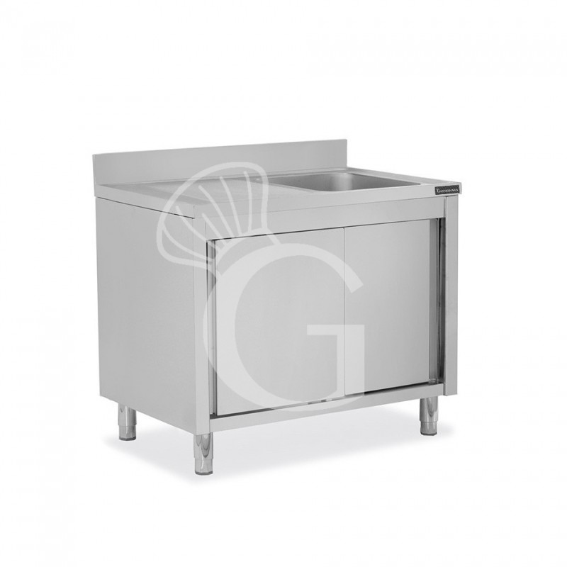 Fregadero con mueble inox con 2 puertas correderas, 1 cubeta, escurridor a la izquierda y peto L1100mmxP600mmxA950 mm