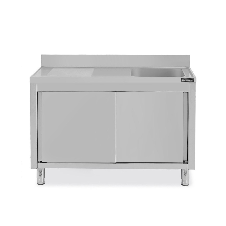 Fregadero con mueble inox con 2 puertas correderas, 1 cubeta, escurridor a la izquierda y peto L 1400 mm x P 700 mm x A 950 mm
