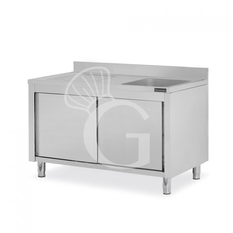 Fregadero con mueble inox con 2 puertas correderas, 1 cubeta, escurridor a la izquierda y peto L1600mmxP600mmxA950 mm