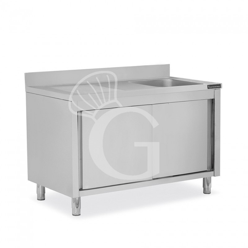 Fregadero con mueble inox con 2 puertas correderas, 1 cubeta, escurridor a la izquierda y peto L1600mmxP600mmxA950 mm