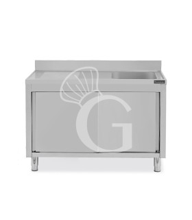 Fregadero con mueble inox con 2 puertas correderas, 1 cubeta, escurridor a la izquierda y peto L1600mmxP600mmxA950 mm