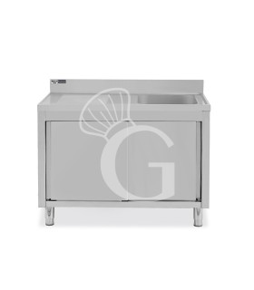 Fregadero con mueble de acero inox, 2 puertas, 1 cubeta, escurridor a la izquierda L1200xP700xA965mm-agujero para grifo Ø32mm