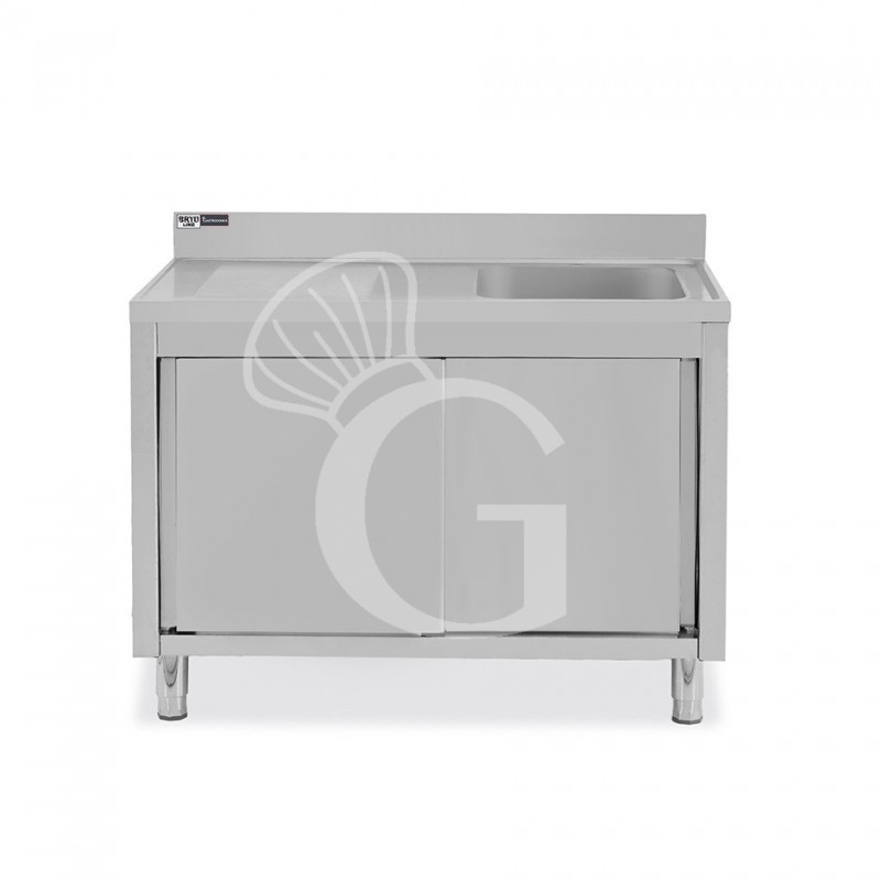 Fregadero con mueble de acero inox, 2 puertas, 1 cubeta, escurridor a la izquierda L1200xP700xA965mm-agujero para grifo Ø32mm