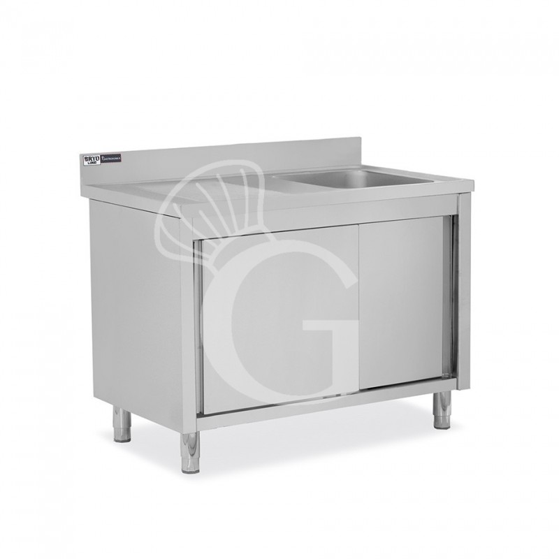 Fregadero con mueble de acero inox, 2 puertas, 1 cubeta, escurridor a la izquierda L1200xP700xA965mm-agujero para grifo Ø32mm