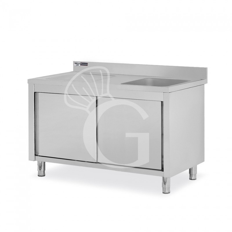 Fregadero con mueble 2 puertas correderas, cubeta, escurridor a la izquierda y peto L1400mmxP600mmxA965mm agujero grifo Ø 32mm
