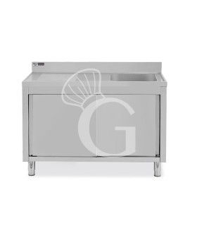 Fregadero con mueble 2 puertas correderas, cubeta, escurridor a la izquierda y peto L1400mmxP600mmxA965mm agujero grifo Ø 32mm