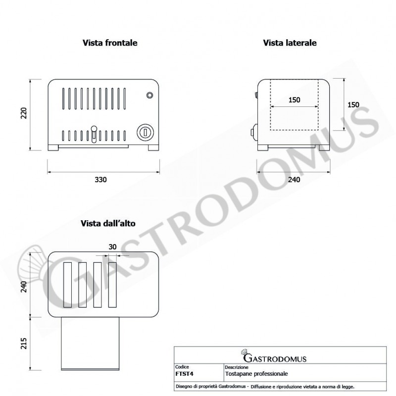 Tostadora profesional monofásica L 330 mm x P 220 mm x A 225 mm capacidad 4 rebanadas
