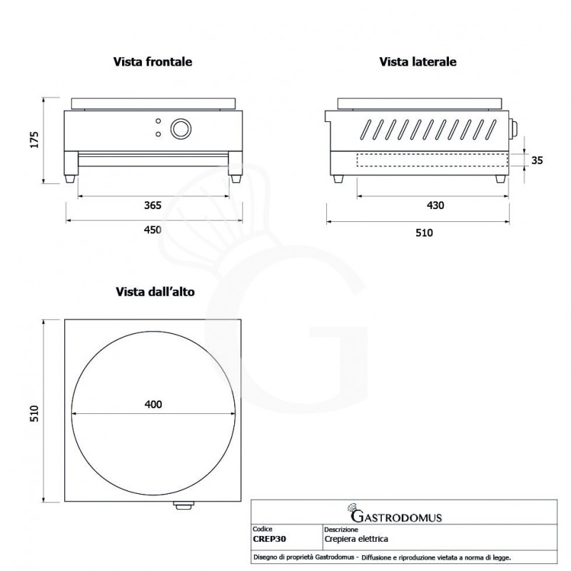 Crepera eléctrica simple de 400 mm de diámetro 3 Kw Monofásica