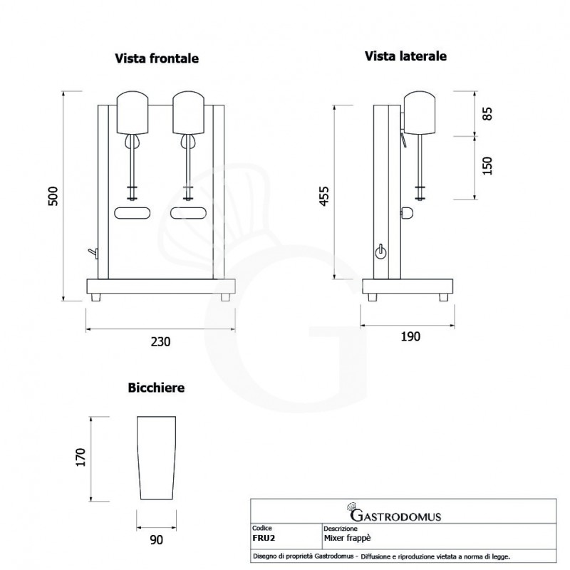 Batidora de helados 2 vasos de acero inoxidable 180 W + 180 W L 270 mm x P 310 mm x A 570 mm