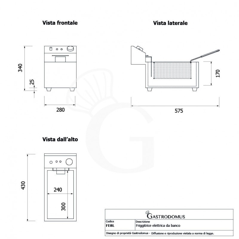 Freidora eléctrica de sobremesa 1cuba 8 LT potencia 2,8 KW Monofásica