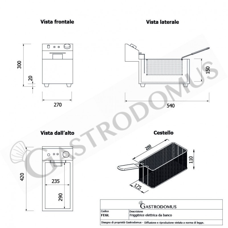 Freidora para bar eléctrica de sobremesa - 1 cuba - capacidad 6 LT - potencia 2,5 kW Monofásica