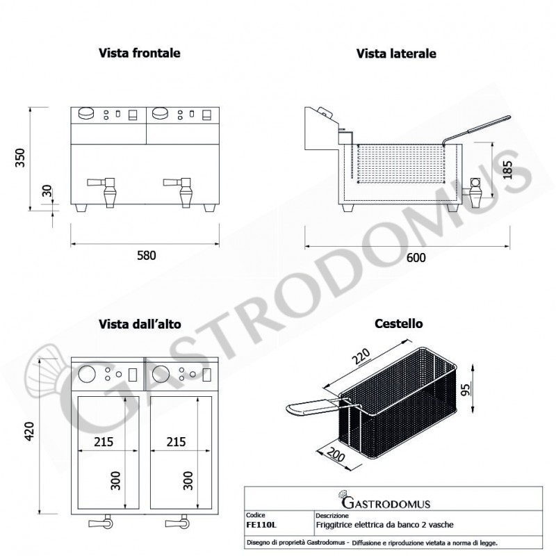 Freidora para bar eléctrica de sobremesa - 2 cubas - capacidad 10+10 LT - 3+3 kW Monofásica