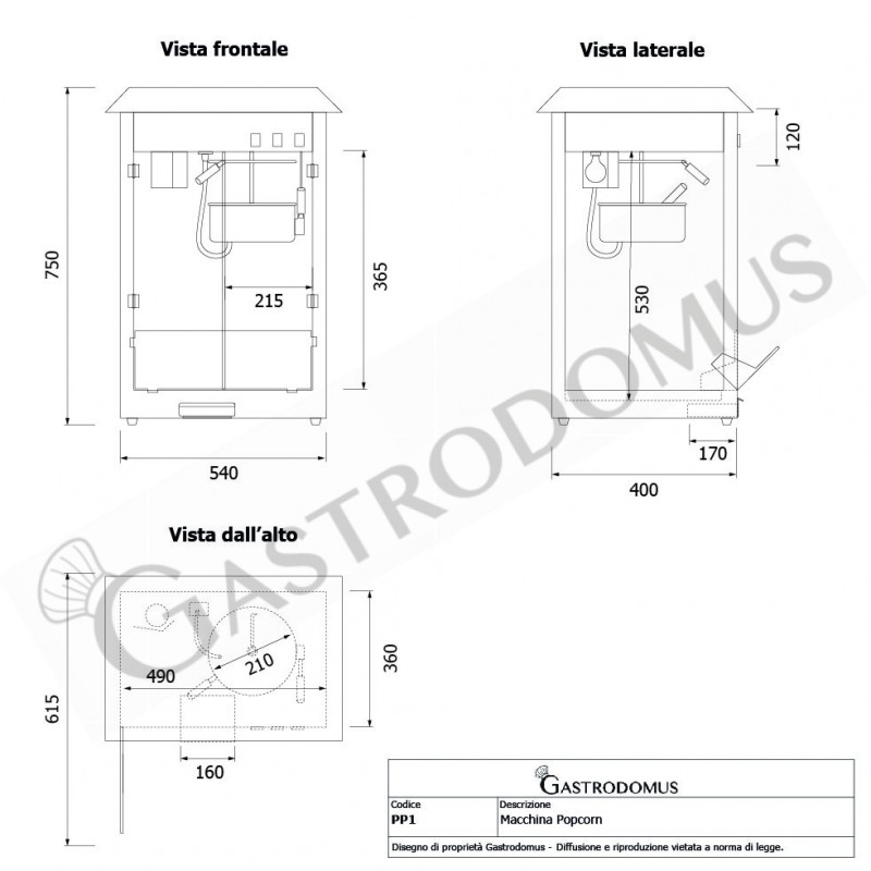 Máquina de palomitas monofásica de 2,26 kg de capacidad L 540 mm x P 400 mm x A 750 mm