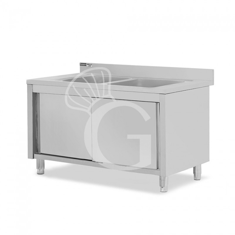 Fregadero con mueble inox con 2 puertas correderas, 2 cubetas y peto L1400mmxP600mmxA965mm con agujero para grifo Ø 32 mm