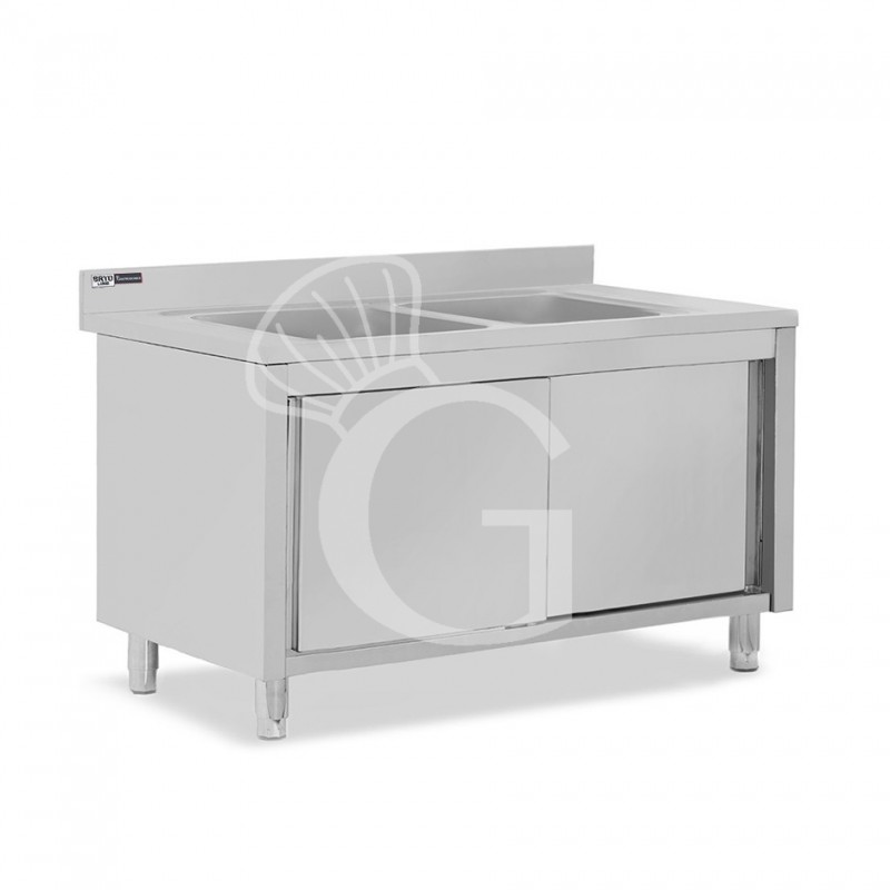 Fregadero con mueble inox con 2 puertas correderas, 2 cubetas y peto L1400mmxP600mmxA965mm con agujero para grifo Ø 32 mm