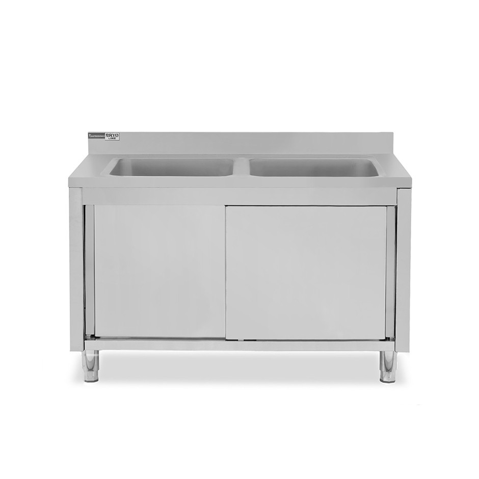 Fregadero con mueble inox con 2 puertas correderas, 2 cubetas y peto L 1600 mm x P 700 mm x A 965 mm agujero grifo Ø32mm