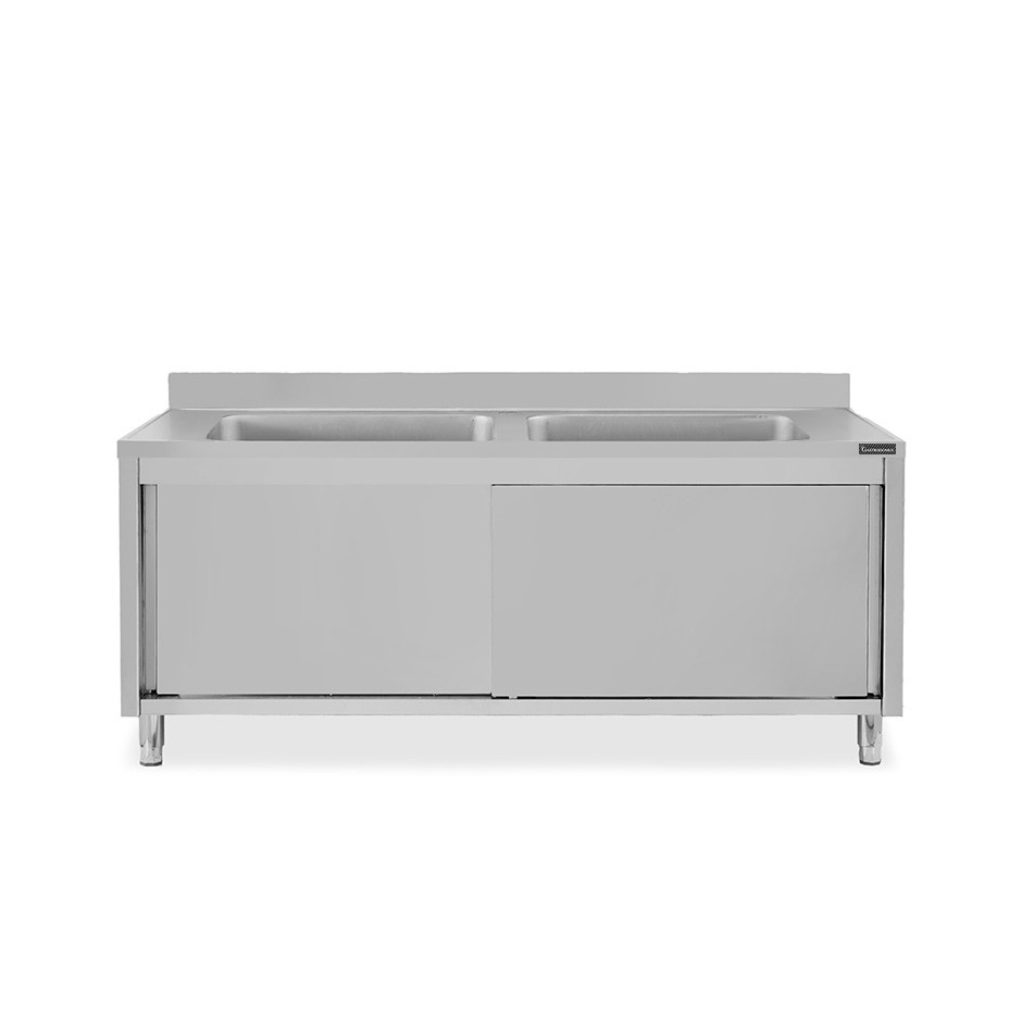 Fregadero con mueble inox 2 puertas correderas, peto, 2 cubetas L 1800 mm x P 700 mm x A 950 mm